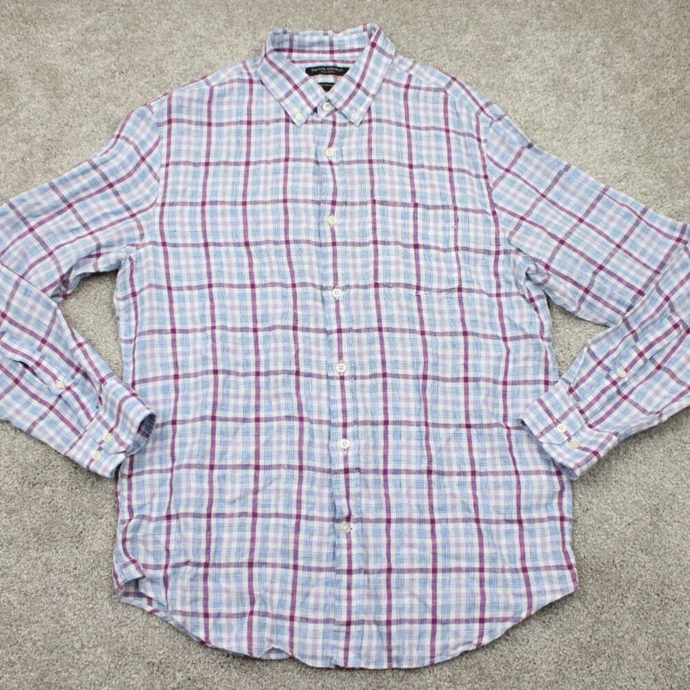Banana Republic Camden Standard Fit Shirt Mens Medium‎ Red/Blue 100% Linen L/S